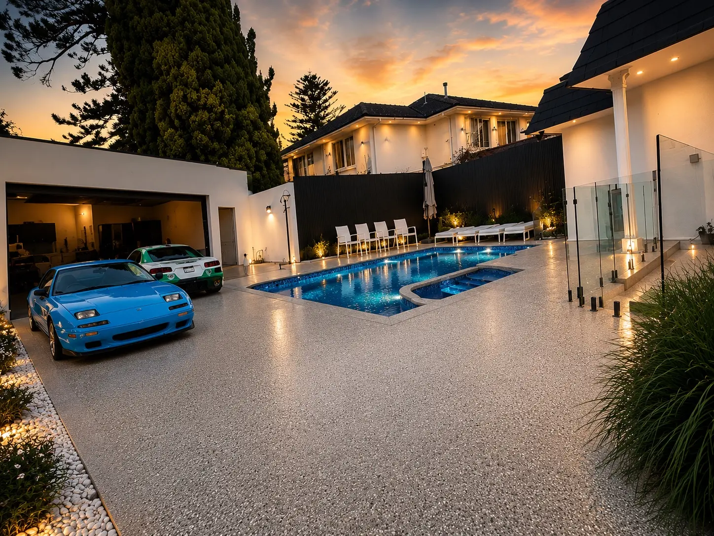 Taylor Epoxy Flooring decorative finish surrounding a pool and driveway at sunset